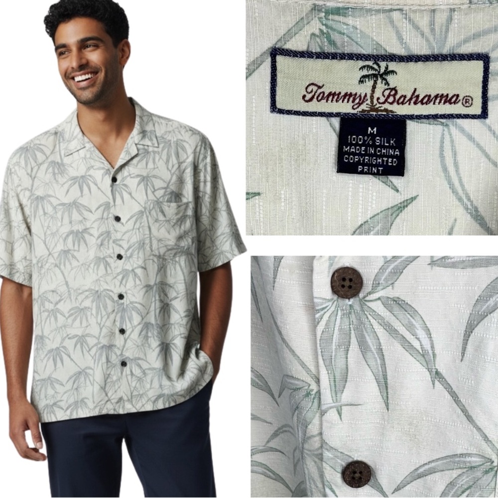 Tommy Bahama Silk Camp Shirt Men’s M Bamboo Print Tropical Resort Cruise